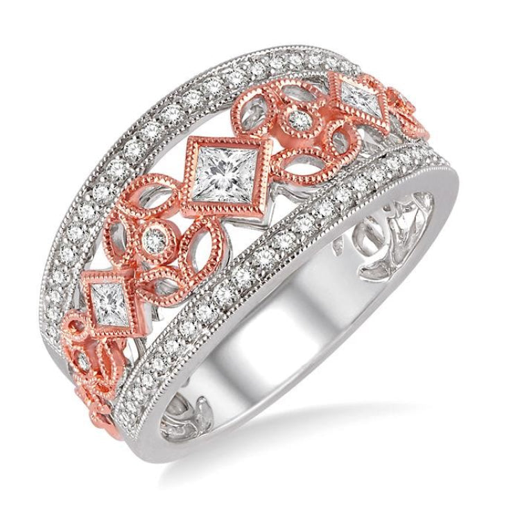 5/8 Ctw Round and Princess Cut Diamond Wide Band in 14K White and Rose Gold