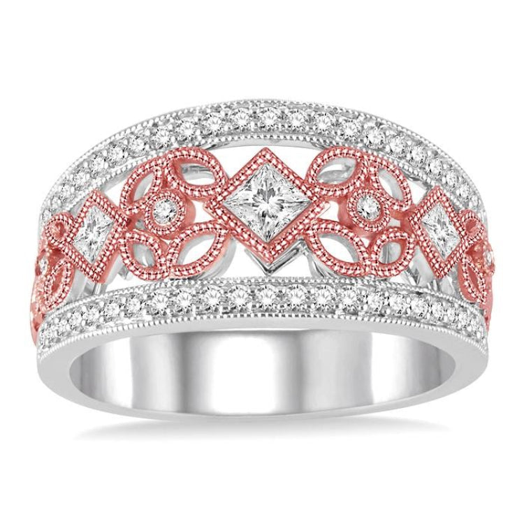 5/8 Ctw Round and Princess Cut Diamond Wide Band in 14K White and Rose Gold