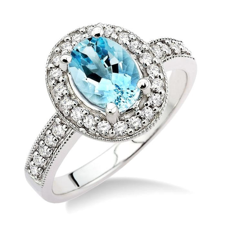 8x6mm Oval Cut Aquamarine and 1/3 Ctw Round Cut Diamond Ring in 14K White Gold