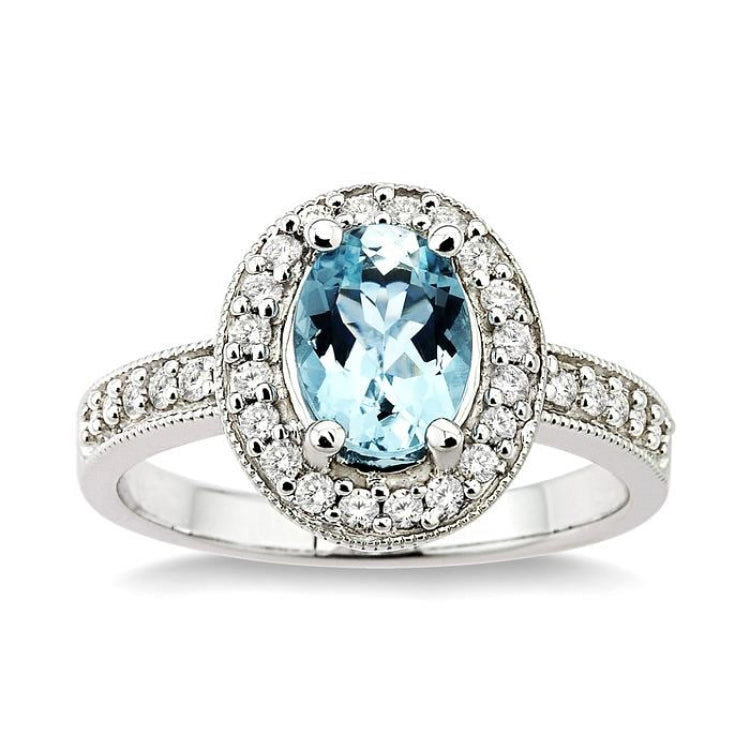8x6mm Oval Cut Aquamarine and 1/3 Ctw Round Cut Diamond Ring in 14K White Gold
