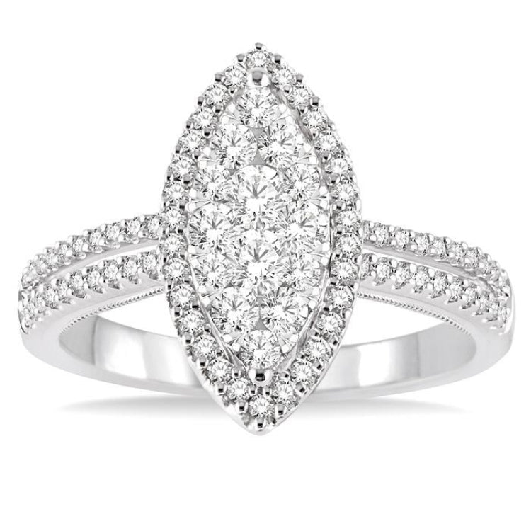 3/4 Ctw Marquise Shape Round Cut Diamond Lovebright Ring in 14K White Gold