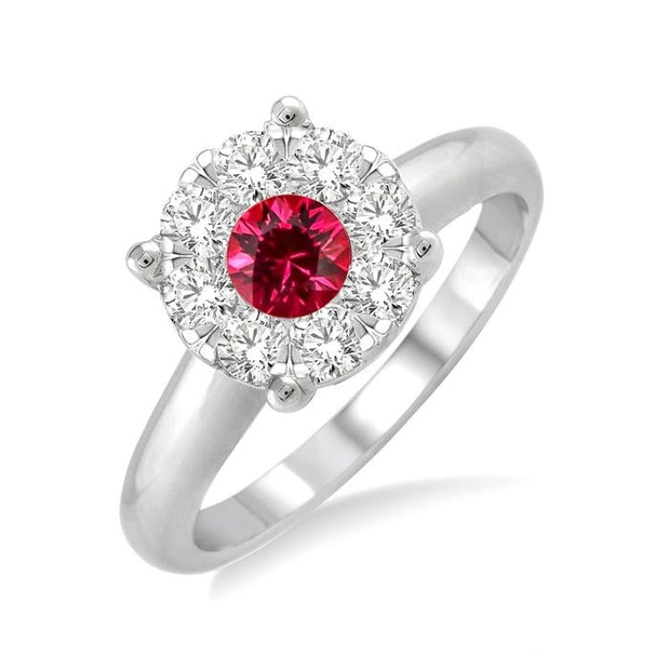 3.8 MM Round Cut Ruby and 1/3 Ctw Lovebright Diamond Precious Ring in 14K White Gold