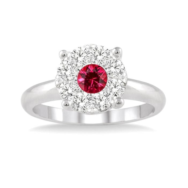 3.8 MM Round Cut Ruby and 1/3 Ctw Lovebright Diamond Precious Ring in 14K White Gold