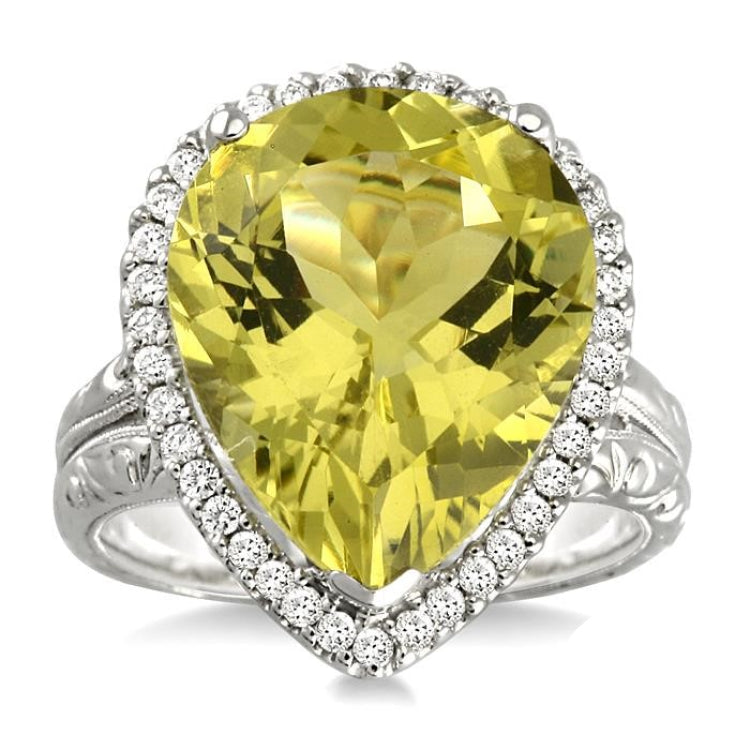 16x13 MM Pear Shape Lemon Quartz and 1/3 Ctw Round Cut Diamond Semi-Precious Ring in 14K White Gold