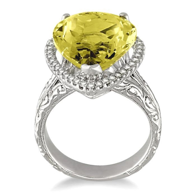 16x13 MM Pear Shape Lemon Quartz and 1/3 Ctw Round Cut Diamond Semi-Precious Ring in 14K White Gold