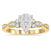 1/2 Ctw Pear Shape Center Criss Cross Carved Shank Lovebright Round Cut Diamond Engagement Ring in 14K Yellow and White gold