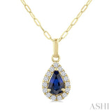 6x4 MM Pear Shape Sapphire and 1/6 Ctw Round Cut Diamond Halo Precious Pendant with Chain in 14K Yellow Gold