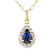 6x4 MM Pear Shape Sapphire and 1/6 Ctw Round Cut Diamond Halo Precious Pendant with Chain in 14K Yellow Gold