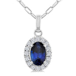 Load image into Gallery viewer, 6x4 MM Oval Shape Sapphire and 1/6 Ctw Round Cut Diamond Halo Precious Pendant with Chain in 14K White Gold