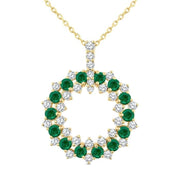 2.5 MM Round Shape Emerald and 3/4 Ctw Round Cut Diamond Triple Row Circle Precious Pendant With Chain in 14K Yellow Gold