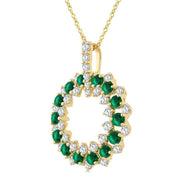 2.5 MM Round Shape Emerald and 3/4 Ctw Round Cut Diamond Triple Row Circle Precious Pendant With Chain in 14K Yellow Gold