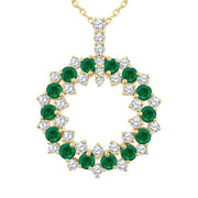 2.5 MM Round Shape Emerald and 3/4 Ctw Round Cut Diamond Triple Row Circle Precious Pendant With Chain in 14K Yellow Gold