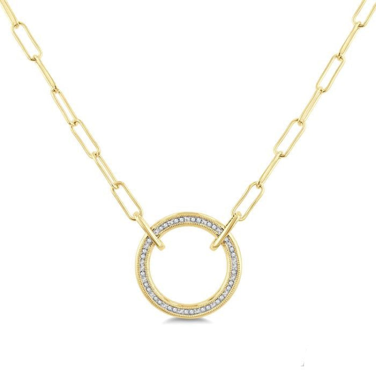 1/10 Ctw Circle Round Cut Diamond Fashion Pendant With Paperclip Chain in Yellow Gold Vermeil