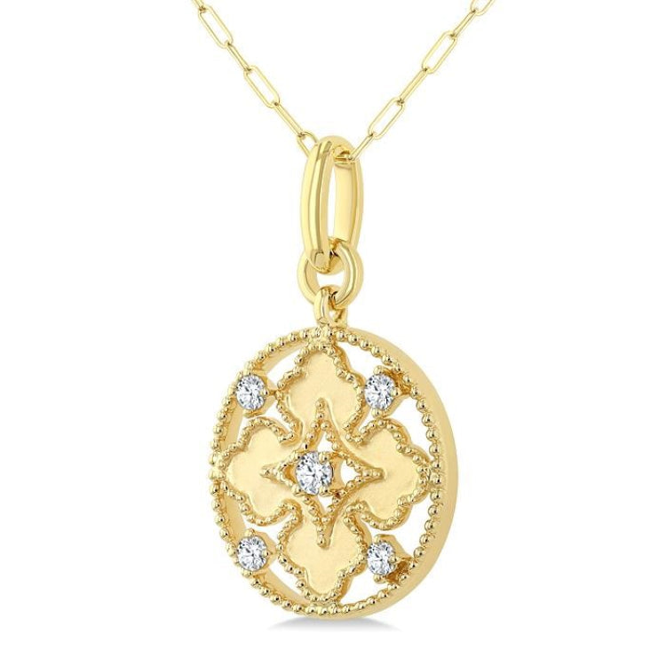 1/5 Ctw Floral Motif Open Window Circular Medallion Round Cut Diamond Fashion Pendant With Chain in 10K Yellow Gold