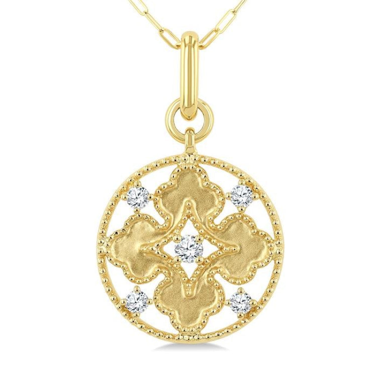 1/5 Ctw Floral Motif Open Window Circular Medallion Round Cut Diamond Fashion Pendant With Chain in 10K Yellow Gold