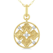 1/5 Ctw Floral Motif Open Window Circular Medallion Round Cut Diamond Fashion Pendant With Chain in 10K Yellow Gold