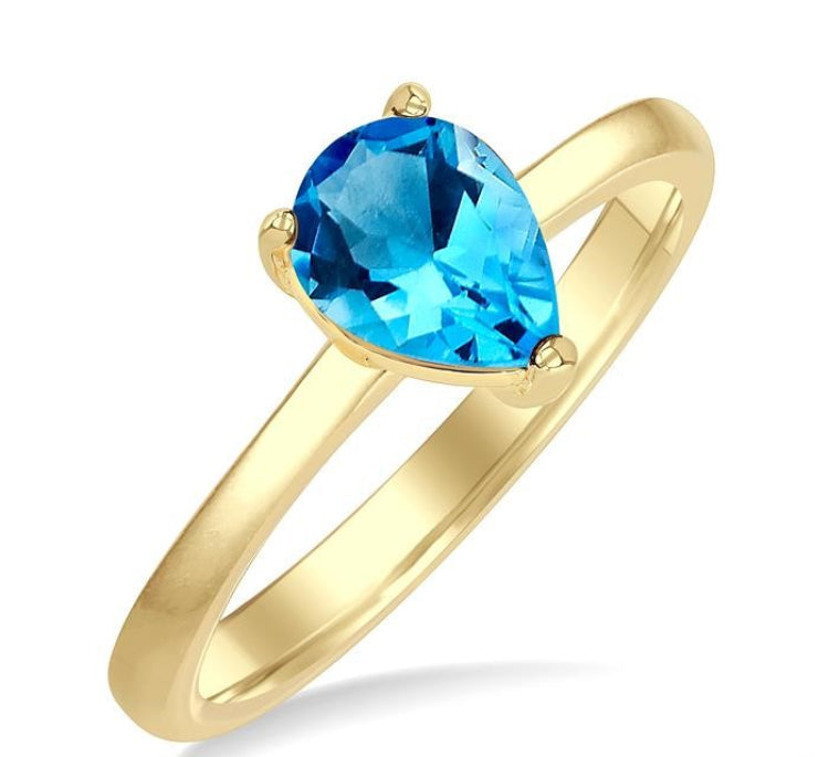 8X5 MM Pear Cut Blue Topaz Semi-Precious Solitaire Ring in 14K Yellow Gold