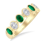 Load image into Gallery viewer, 4X3 MM Oval Shape Emerald and 1/2 Ctw Oval Cut Diamond 7 Stone Bezel Set Precious Fashion Band in 14K Yellow Gold