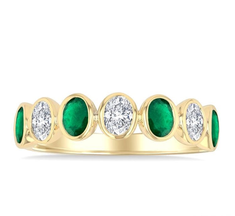 4X3 MM Oval Shape Emerald and 1/2 Ctw Oval Cut Diamond 7 Stone Bezel Set Precious Fashion Band in 14K Yellow Gold