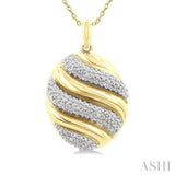 1/10 Ctw Oval Shape Bold Puffed Ribbed Swirl Round Cut Diamond Pirouette Fashion Pendant With Chain in Yellow Gold Vermeil
