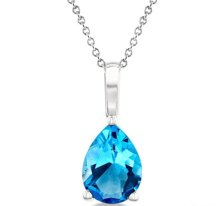8X5 MM Pear Cut Blue Topaz Semi-Precious Solitaire Pendant With Chain in 14K White Gold