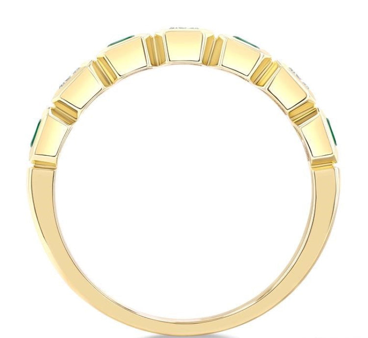 4X3 MM Octagonal Shape Emerald and 5/8 Ctw Emerald Cut Diamond 7 Stone Bezel Set Precious Fashion Band in 14K Yellow Gold
