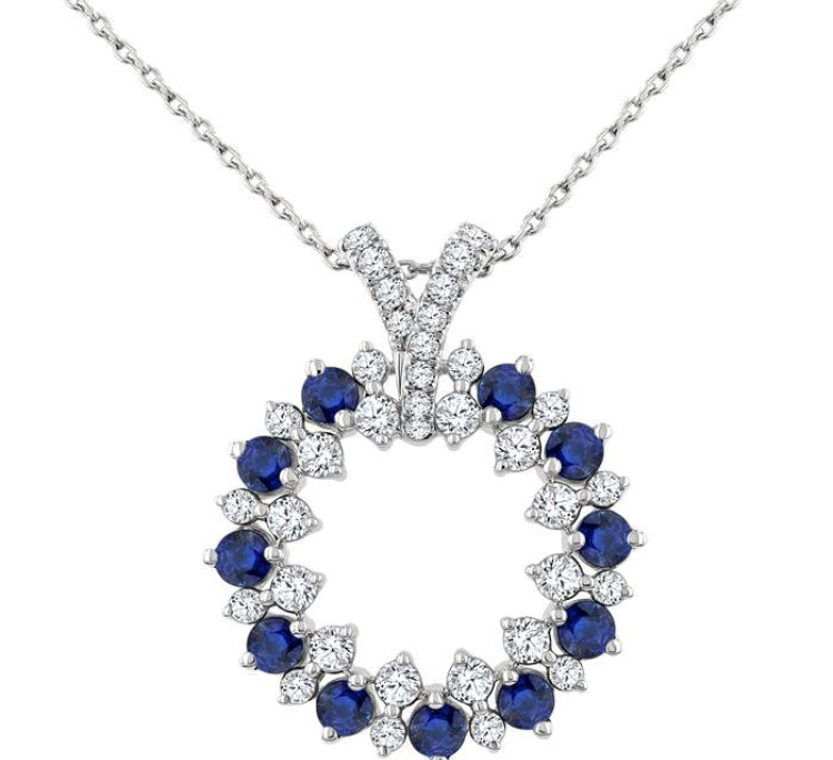 2.5 MM Round Shape Sapphire and 5/8 Ctw Round Cut Diamond Precious Circle Pendant With Chain in 14K White Gold