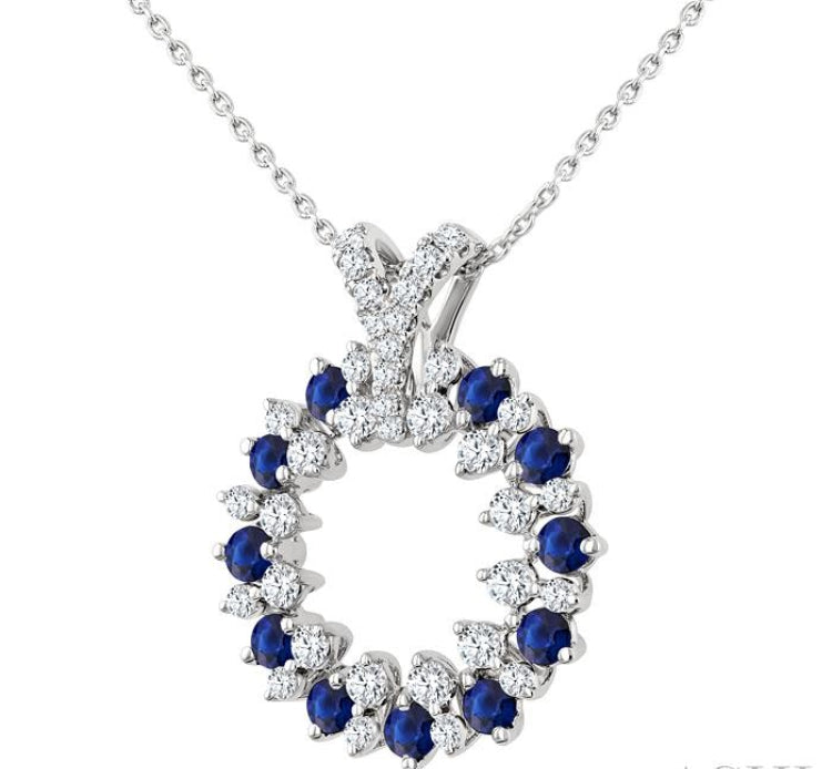 2.5 MM Round Shape Sapphire and 5/8 Ctw Round Cut Diamond Precious Circle Pendant With Chain in 14K White Gold