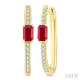 1/5 Ctw Emerald Cut 5X3MM Ruby and Round Cut Diamond Precious Hoop Earrings in 10K Yellow Gold