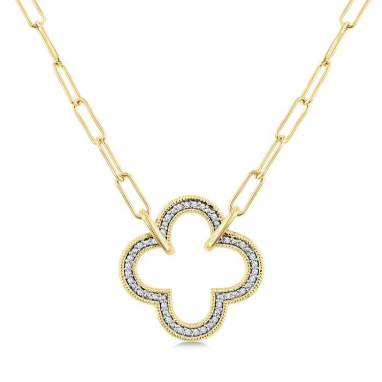 1/10 Ctw Clover Frame Round Cut Diamond Fashion Pendant With Paperclip Chain in Yellow Gold Vermeil