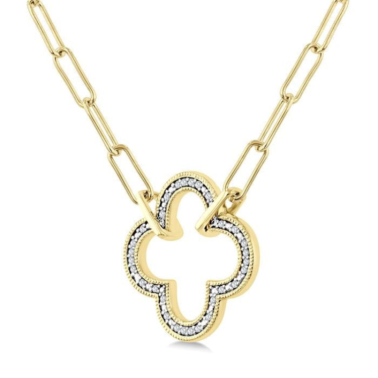 1/10 Ctw Clover Frame Round Cut Diamond Fashion Pendant With Paperclip Chain in Yellow Gold Vermeil