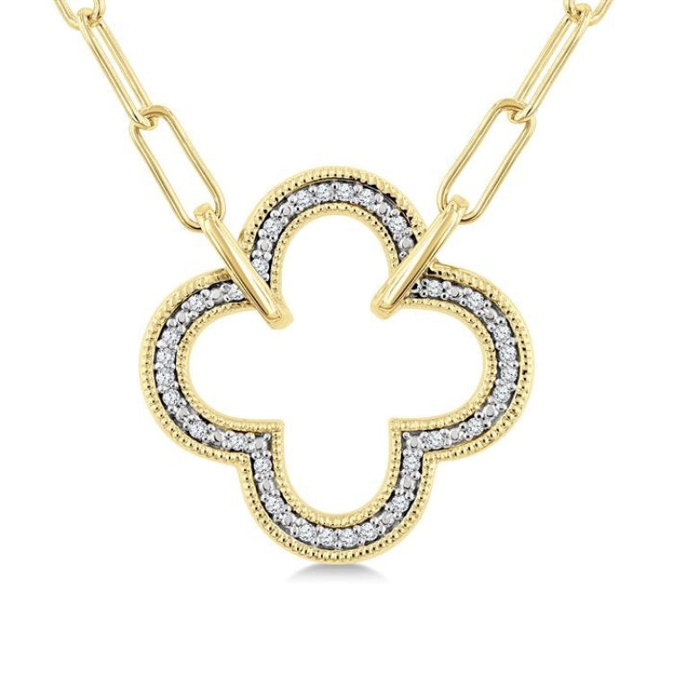 1/10 Ctw Clover Frame Round Cut Diamond Fashion Pendant With Paperclip Chain in Yellow Gold Vermeil