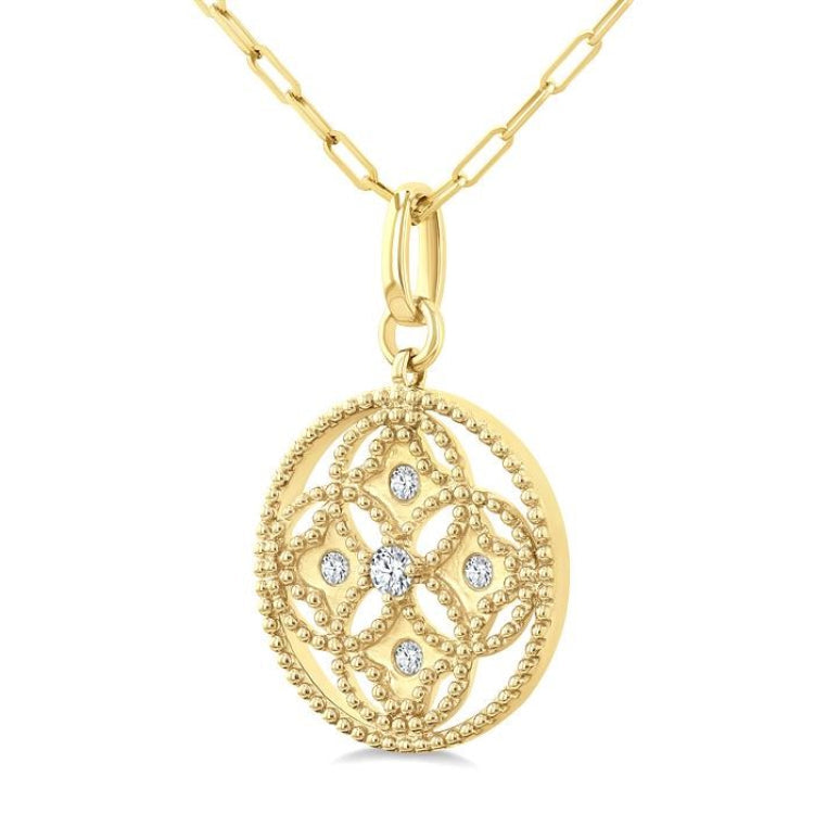 1/5 Ctw Floral Motif Round Cut Diamond Circle Medallion Fashion Pendant With Chain in 14K Yellow Gold