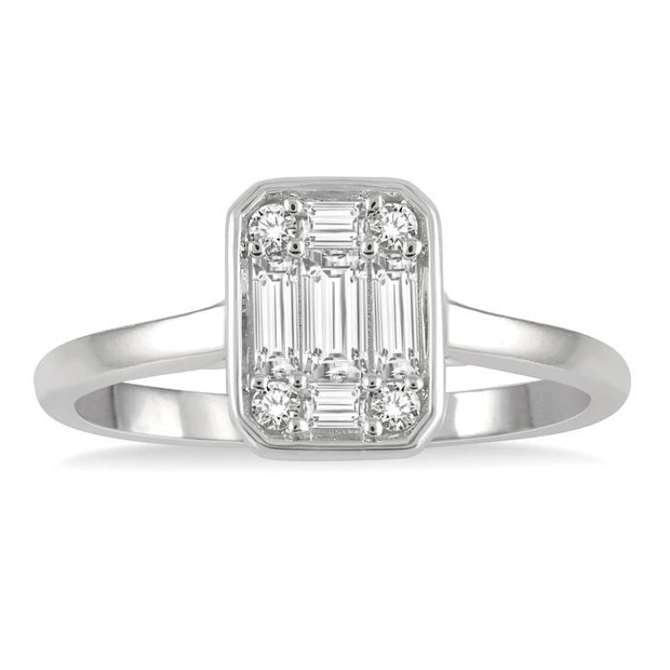 1/3 Ctw Octagonal Shape Baguette and Round Cut Diamond Ladies Ring in 14K White Gold