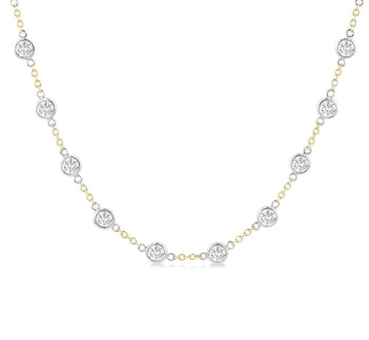 5 Ctw Bezel Set Round Cut Diamond Station Necklace in 14K Yellow and White Gold