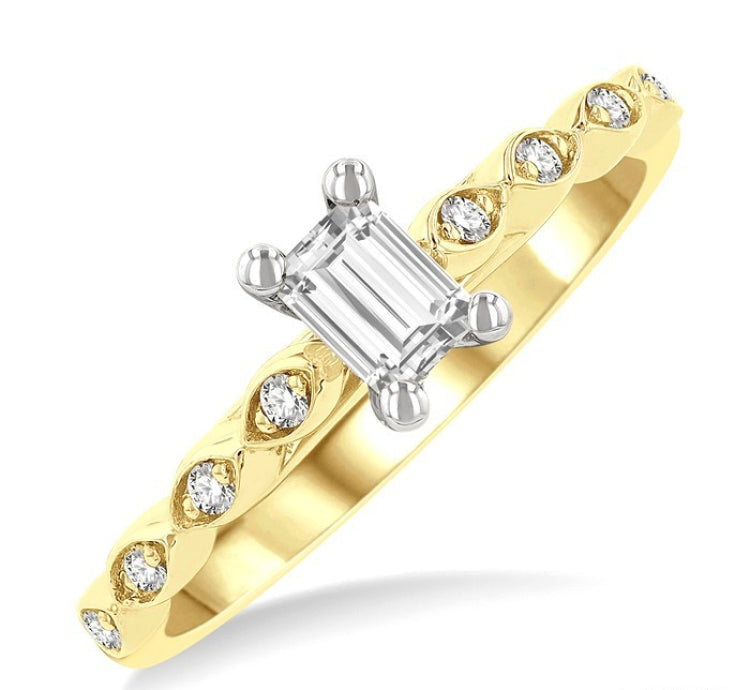 1/10 Ctw Emerald Shape Round Cut Diamond Semi-Mount Engagement Ring in 14K Yellow and White Gold