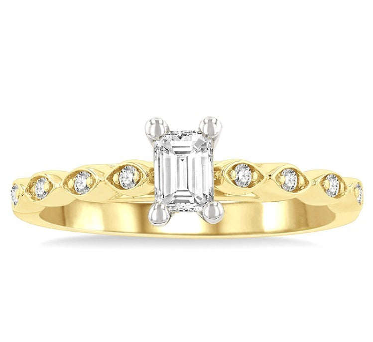 1/10 Ctw Emerald Shape Round Cut Diamond Semi-Mount Engagement Ring in 14K Yellow and White Gold