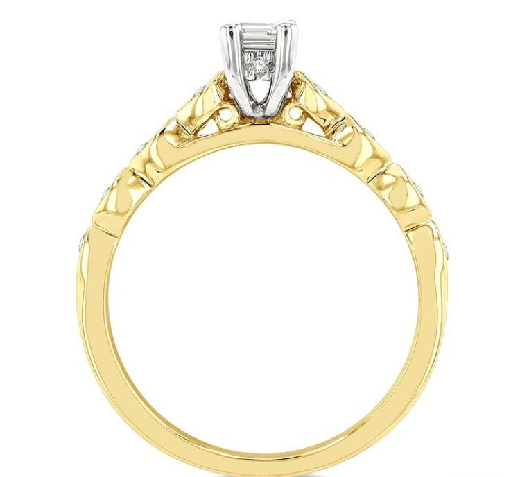 1/10 Ctw Emerald Shape Round Cut Diamond Semi-Mount Engagement Ring in 14K Yellow and White Gold
