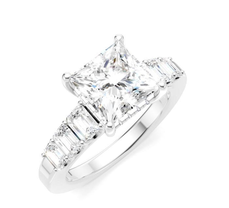 1 Ctw Princess Shape Emerald and Round Cut Diamond Semi-Mount Engagement Ring in 14K White Gold