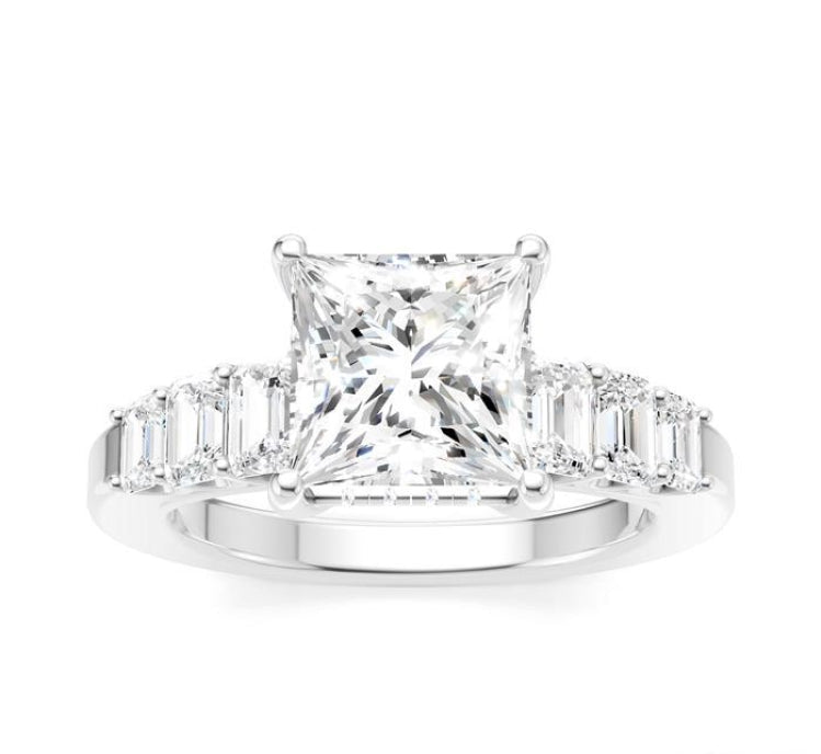 1 Ctw Princess Shape Emerald and Round Cut Diamond Semi-Mount Engagement Ring in 14K White Gold