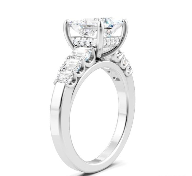 1 Ctw Princess Shape Emerald and Round Cut Diamond Semi-Mount Engagement Ring in 14K White Gold