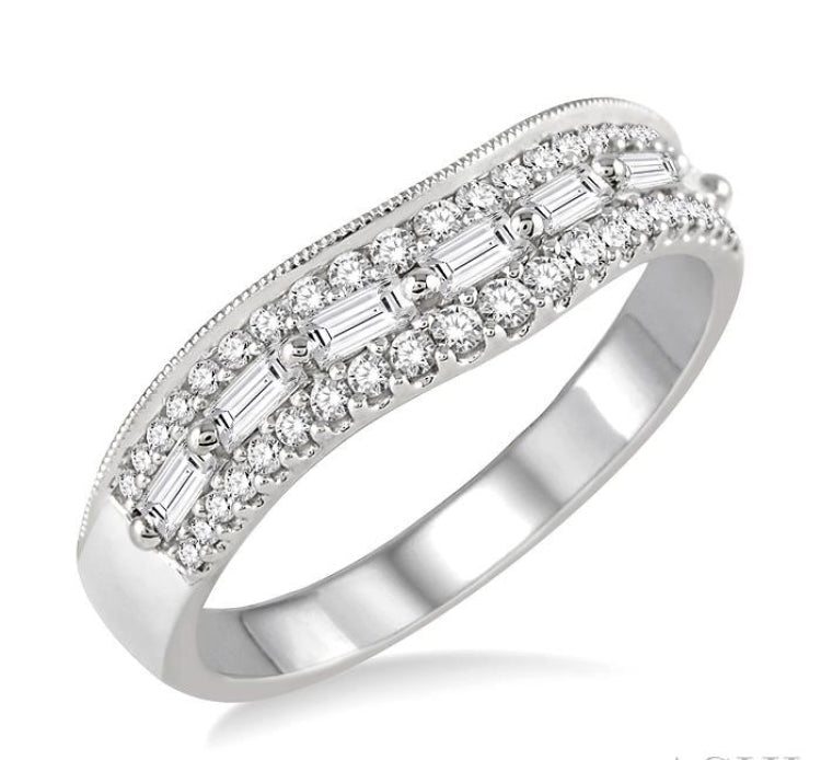 5/8 Ctw Baguette and Twin Row Round Cut Diamond Wedding Band in 14K White Gold