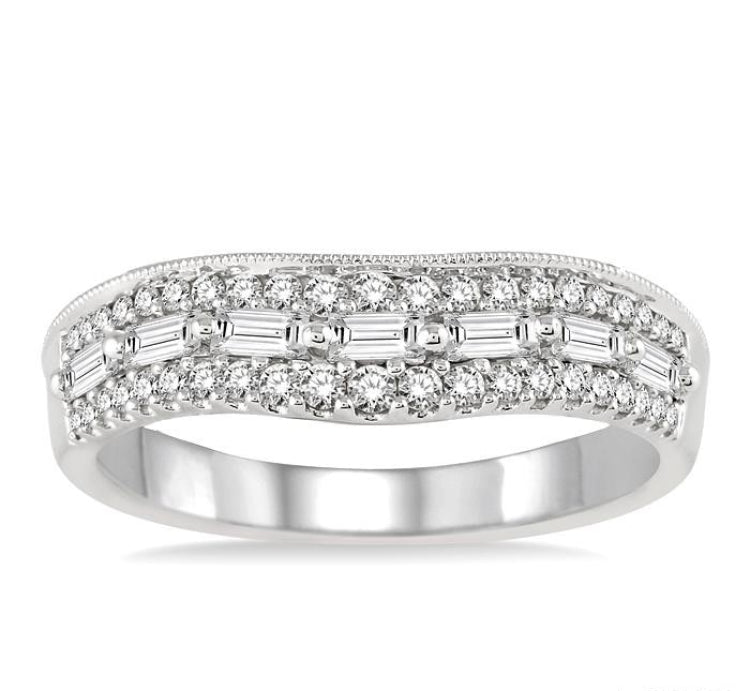 5/8 Ctw Baguette and Twin Row Round Cut Diamond Wedding Band in 14K White Gold
