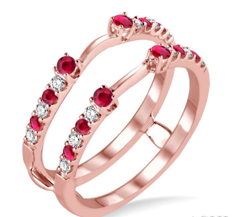 2 MM & 1.5 MM Ruby and 1/5 Ctw Round Cut Diamond Precious Insert Ring in 14K Rose Gold