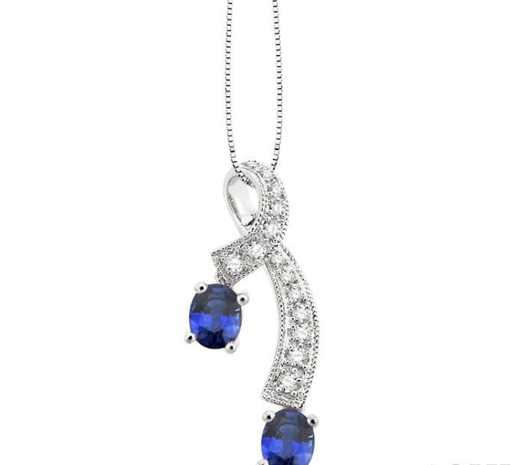 5x4 MM Oval Cut Sapphire and 1/6 Ctw Round Cut Diamond Precious Pendant in 14K White Gold with Chain