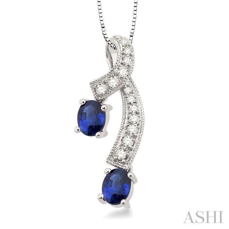 5x4 MM Oval Cut Sapphire and 1/6 Ctw Round Cut Diamond Precious Pendant in 14K White Gold with Chain
