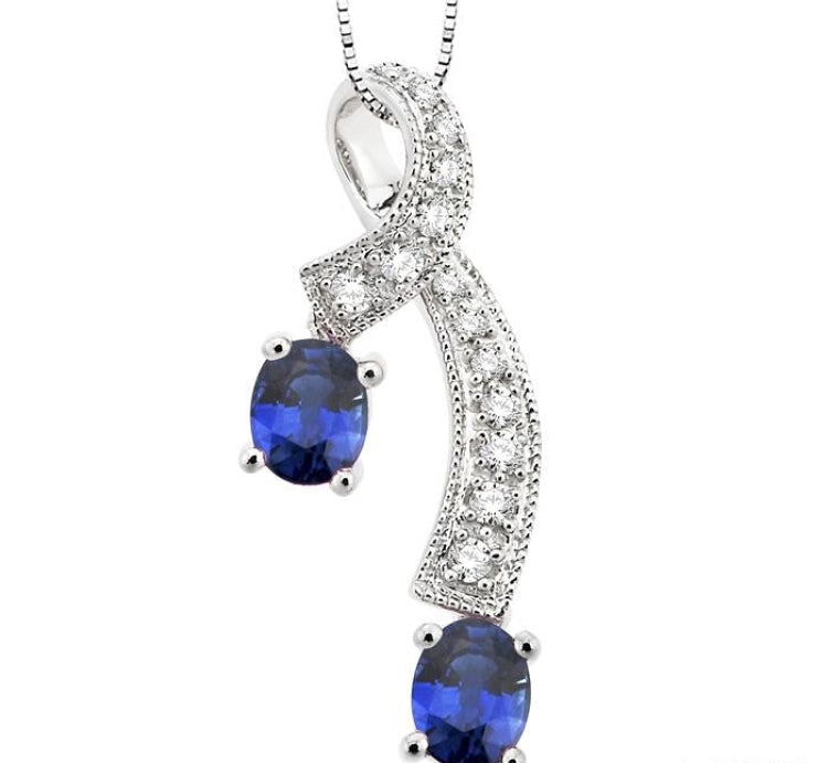5x4 MM Oval Cut Sapphire and 1/6 Ctw Round Cut Diamond Precious Pendant in 14K White Gold with Chain