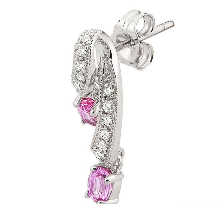 4x3 MM Oval Cut Pink Sapphire and 1/5 Ctw Round Cut Diamond Precious Earrings in 14K White Gold