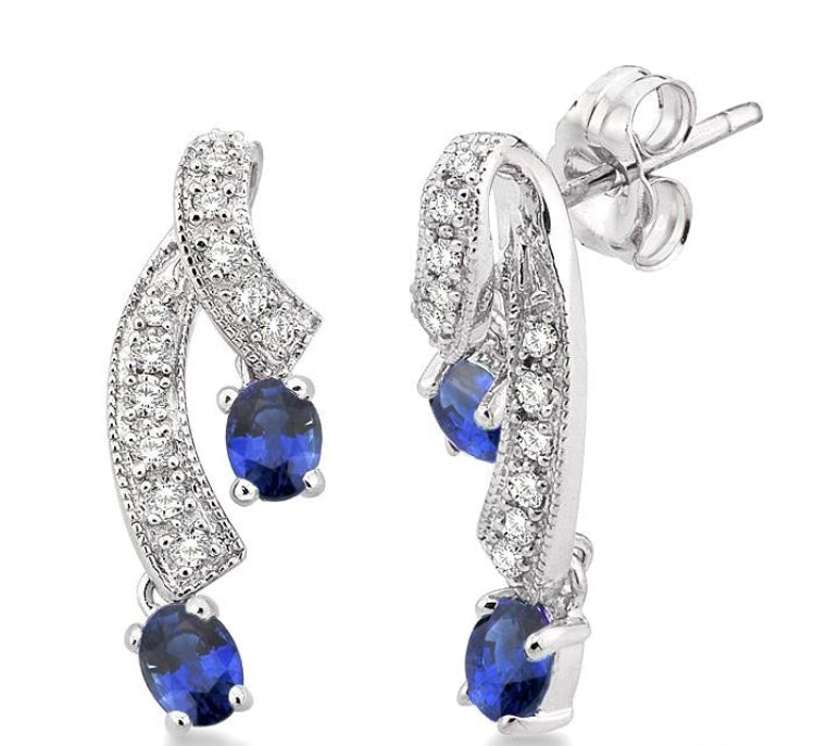 4x3 MM Oval Cut Sapphire and 1/5 Ctw Round Cut Diamond Precious Earrings in 14K White Gold
