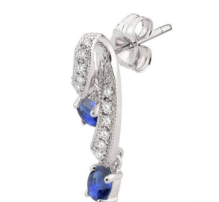 4x3 MM Oval Cut Sapphire and 1/5 Ctw Round Cut Diamond Precious Earrings in 14K White Gold